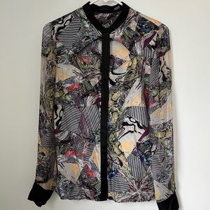 Silk Patterned Cutout Long Sleeve button up shirt by Kelly Wearstler. Size 4.